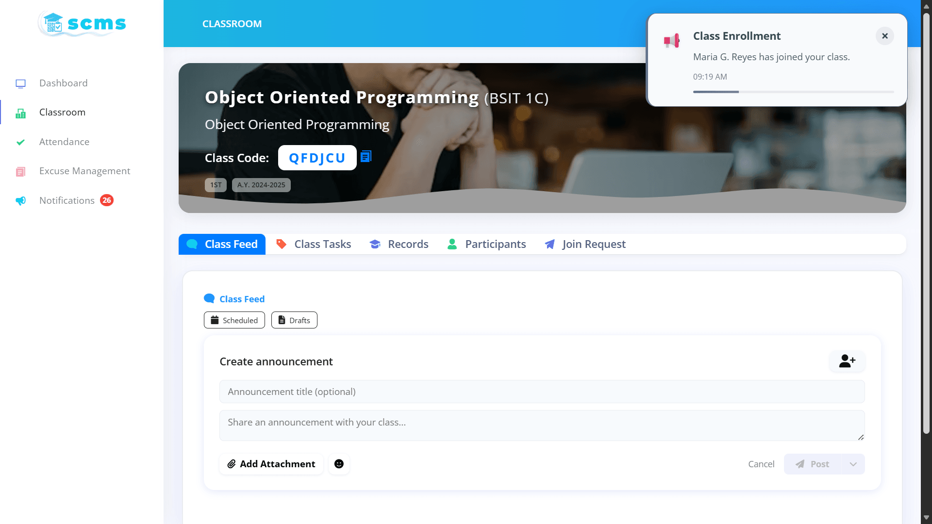 SCMS – Responsive Smart Classroom Management System